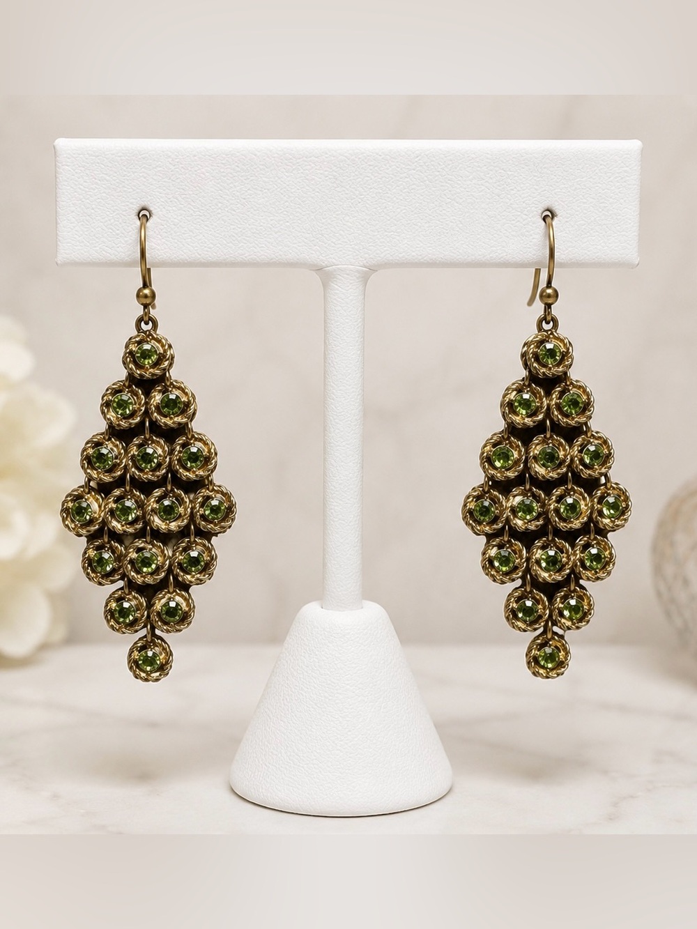 Vintage Green Rhinestone Cluster Dangle Earrings Gold Tone Statement Earrings